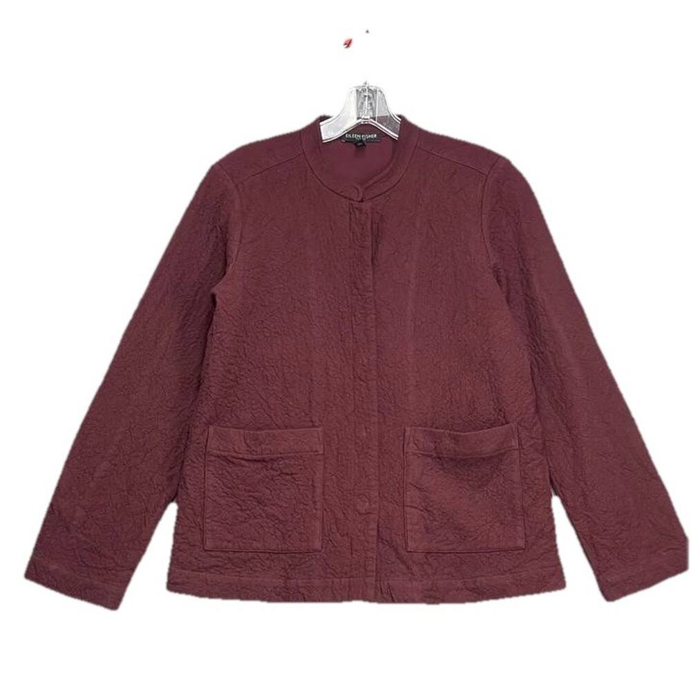 EILEEN FISHER Jacket S Organic Cotton Ripple Textured Mandarin Snap Front Maroon